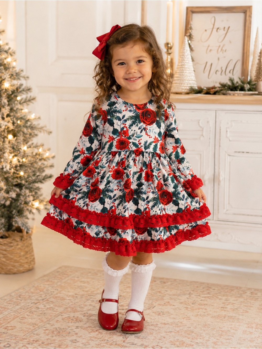 Rylee Faith Holidays Girls Floral Long-Sleeve Dress with Ruffle Tiers 3T